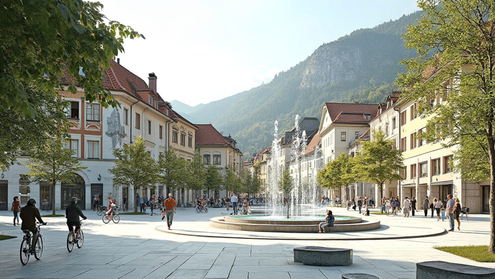 Ortszentrum mit Häusern, Platz, Straße, im Vordergrund ein Brunnen, Bäume