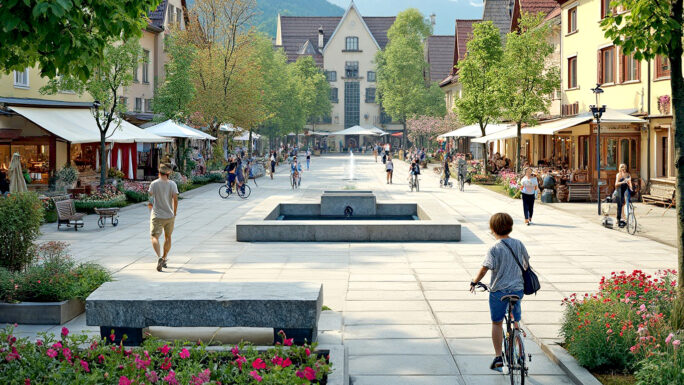 Ortszentrum mit Häusern, Platz, Straße, im Vordergrund ein Brunnen, Bäume